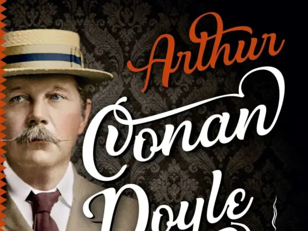 Retrato de Arthur Conan Doyle con sombrero de paja y bigote, junto a su nombre escrito en letras cursivas.