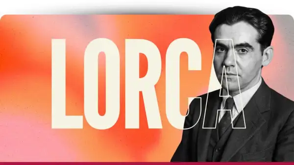 Retrato de Federico García Lorca con la palabra "LORCA" superpuesta. La imagen evoca la trágica historia de como murio Federico García Lorca.