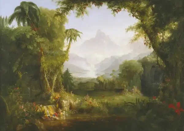 Un paisaje exuberante y brumoso, con cascadas y montañas, evoca la serenidad del jardín del edén. Palmeras y flores vibrantes adornan la escena.