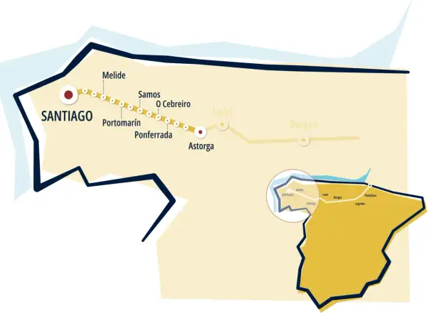 Mapa del Camino de Santiago, mostrando ciudades como Santiago, Melide, Ponferrada y Astorga. El obispo Osmundo de Ponferrada estaría orgulloso de esta ruta.