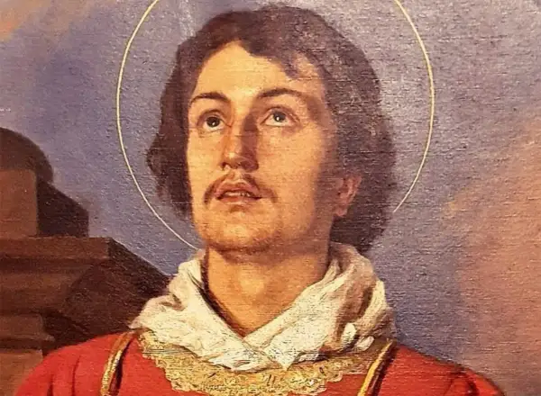 Retrato de Lorenzo de Roma, con halo dorado, mirando al cielo. Viste túnica roja y cuello blanco.