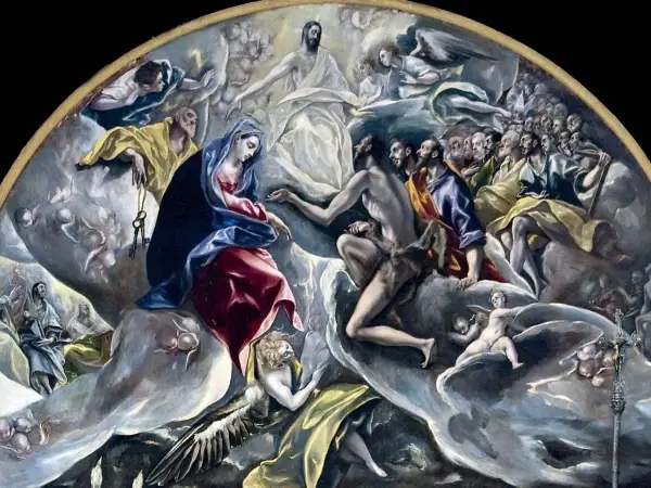 El Greco pinta el cielo: la Virgen, San Juan, apóstoles y ángeles en una visión celestial.