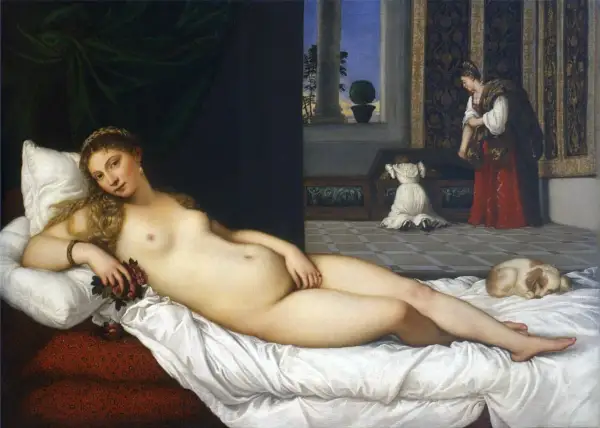 La Venus de Urbino, una mujer desnuda recostada en una cama, mira al espectador mientras una sirvienta busca en un cofre.