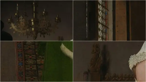 Detalles del matrimonio Arnolfini: candelabro, ventana, alfombra y escultura.