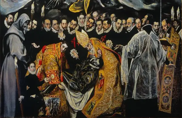 El arte en el Renacimiento: El entierro del Conde de Orgaz, obra maestra de El Greco, muestra un funeral solemne con figuras religiosas y nobles.