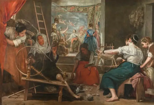 Mujeres hilando y tejiendo, escena que evoca las poesías de Tiziano.