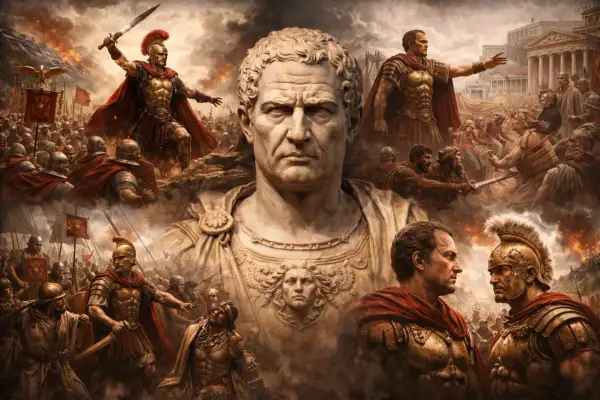 Estatua de Cayo Mario en medio de batallas romanas. Soldados, generales y el caos de la guerra rodean su imponente figura.
