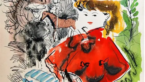 Escena de Emilio Grau Sala con una mujer de vestido rojo y otras figuras, estilo acuarela y tinta.